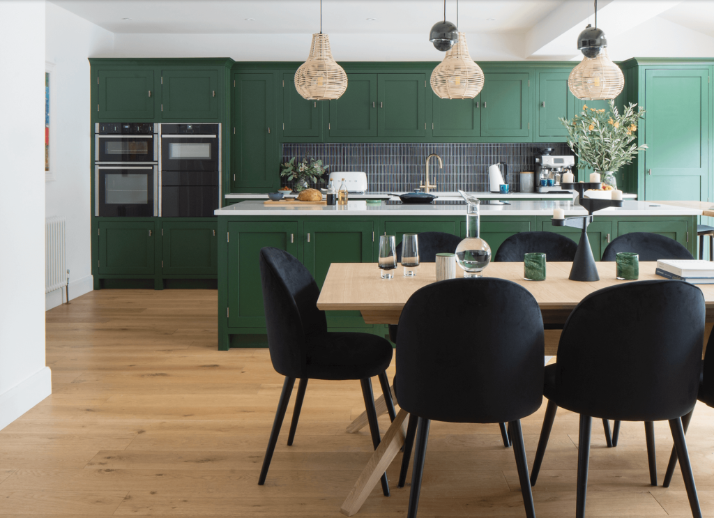 ResidentialInterior Design Project in Brighton, Sussex featuring family kitchen with kitchen units, dining table and chairs